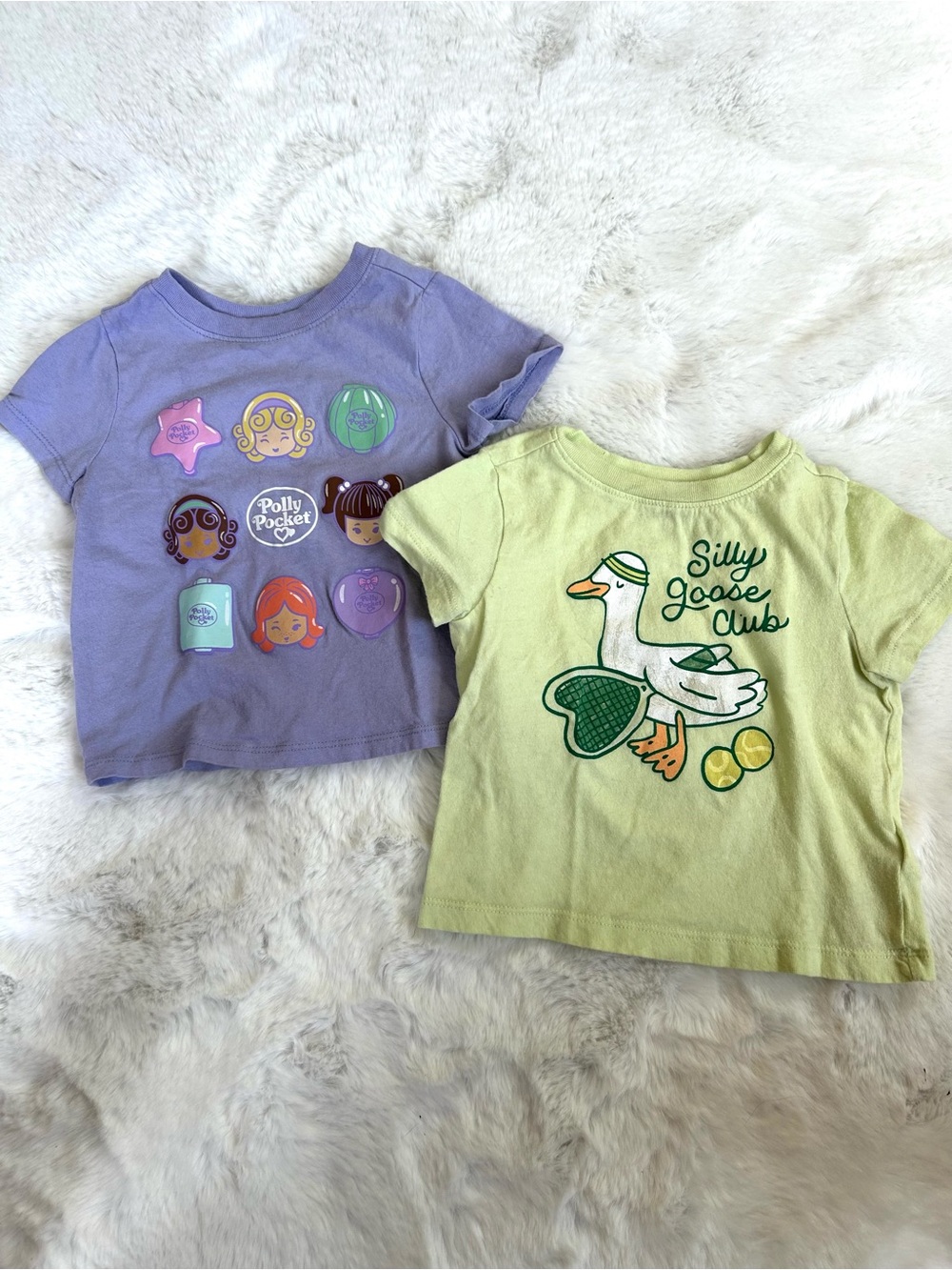 Old Navy Cotton Polly Pocket Purple Tee & Silly Goose Club Green Tees 12-18 MOS